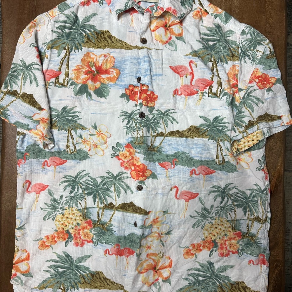 Caribbean Button-Down Hawaiian Shirt in White with Pink & Green